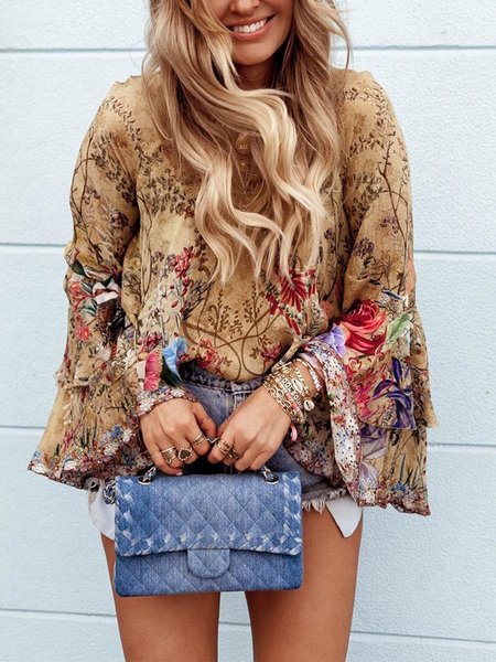 

Vacation Floral Printing Crew Neck Bell Sleeve Blouse, Khaki, Blouses and Shirts