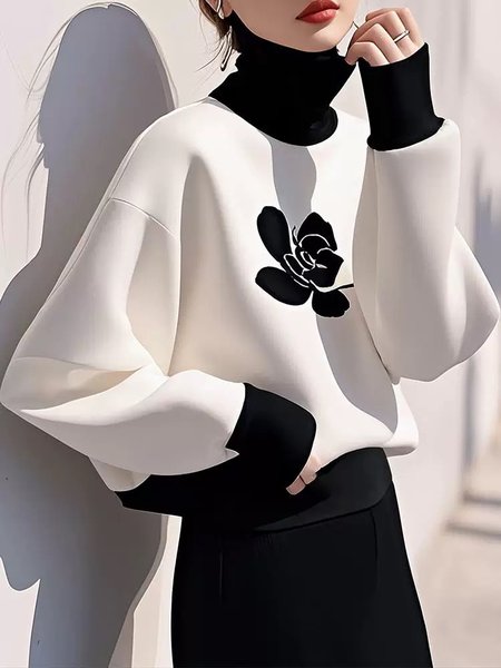 

Casual Floral Turtleneck Raglan Sleeve Loosen Sweatshirt, Black-white, Hoodies and Sweatshirts