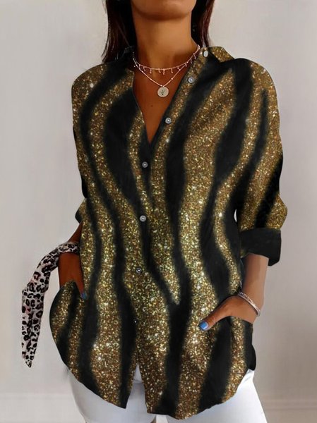 Shirt Collar Long Sleeve Geometric Regular Micro-Elasticity Regular Fit Shirt For Women, Golden, Shirts