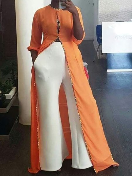 

Vacation Color Block Crew Neck Kimono, Orange, Kimonos