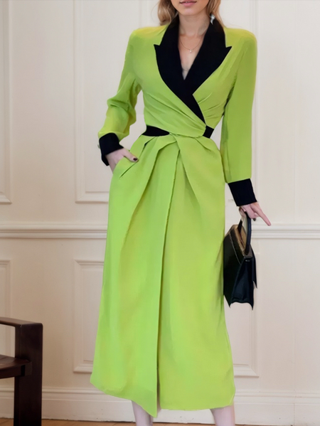 

Elegant Color Block Cross Lapel Collar Midi Dress, As picture, Maxi Dresses