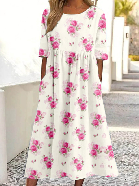 

Vintage 3D Printing Crew Neck Dress With No, As picture, Maxi Dresses