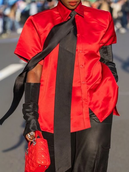 Casual Plain Buttoned Shirt With Tie And Sleeves, Red, Blouses and Shirts