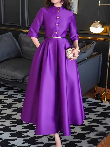 Elegant Plain Buttoned Stand Collar Maxi Dress, Purple, Maxi Dresses