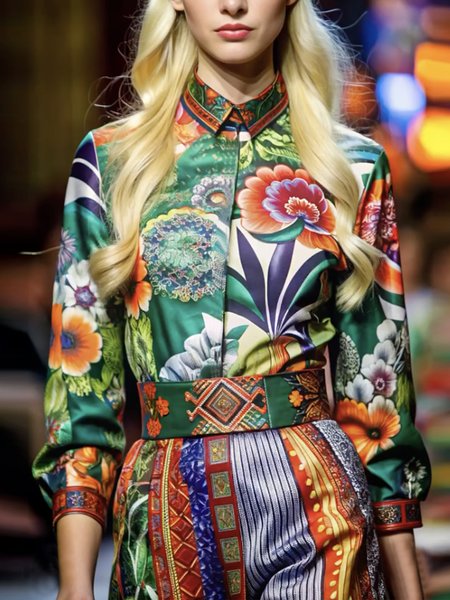 Urban Floral Printing Shirt Collar Shirt, As picture, Blouses and Shirts