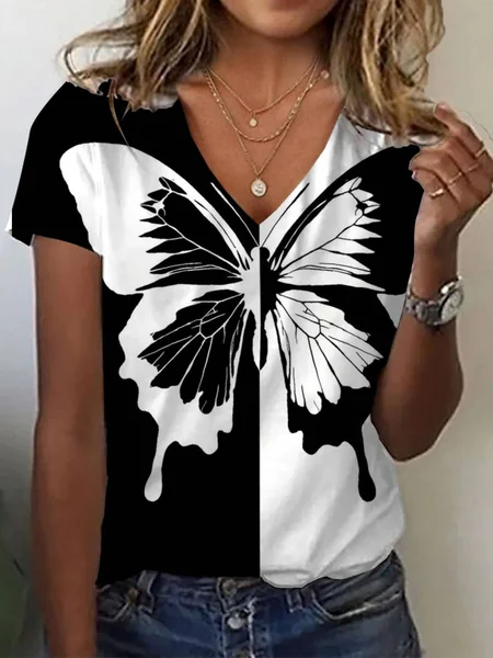 Butterfly Print Short Sleeve V-Neck T-Shirts, Black-white, T-shirts
