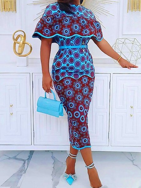 Urban Abstract Printing Crew Neck Maxi Dress, As picture, Midi Dresses