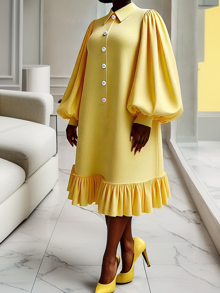 Elegant Plain Midi Shirt Dress, Yellow, Midi Dresses