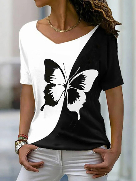 Women's Short Sleeve Tee T-shirt Summer Butterfly V Neck Casual Top, Black, T-Shirts