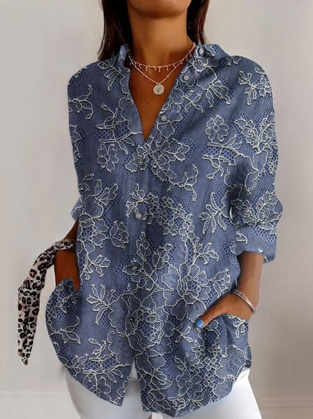 

Shirt Collar Long Sleeve Geometric Regular Micro-Elasticity Regular Fit Shirt For Women, Dark blue, Shirts