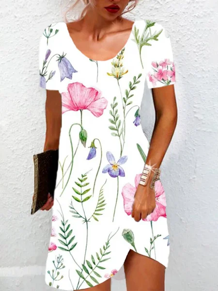 

Women Floral Crew Neck Short Sleeve Comfy Casual Mini Dress, White, Dresses
