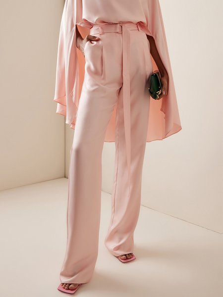 

Elegant Plain Straight Pants With Belt, Pink, Pants