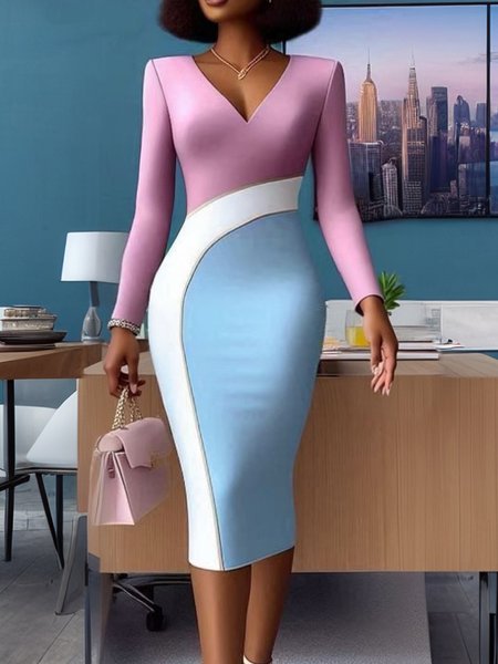 

Urban Color Block V Neck Midi Dress, As picture, Midi Dresses