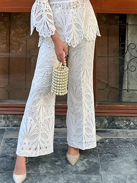 Lace Elegant Plain Straight Pants, White, Pants