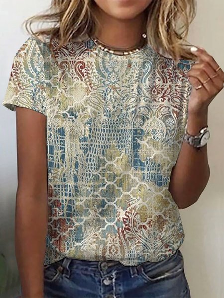 

Women's Short Sleeve Tee T-shirt Summer Ethnic Crew Neck Casual Top, Apricot, T-Shirts