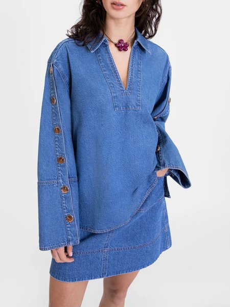 

Casual Plain Buttoned V Neck Denim Top No Skirt, Blue, Tops