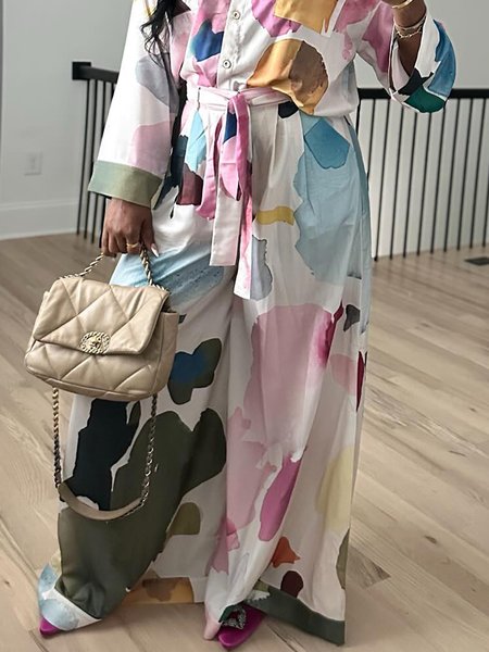 

Urban Abstract Wide Leg Pants Fashion With Belt, As picture, Pants