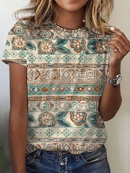 

Casual Ethnic Crew Neck Short Sleeve T-shirt, Apricot, T-shirts