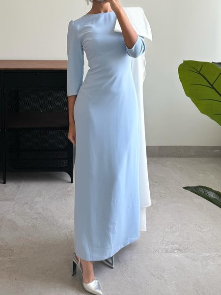 Elegant Plain Bow Crew Neck Maxi Dress, Blue, Maxi Dresses