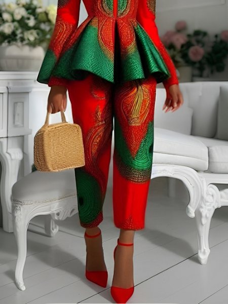 

Elegant Random Print Straight Pants, Red, Pants
