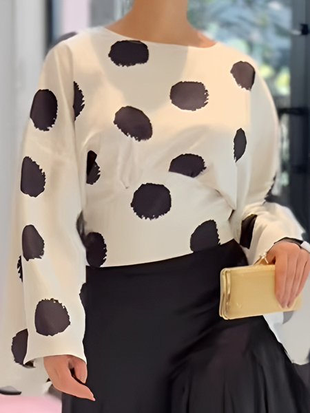 Urban Polka Dots Printing Crew Neck Blouse, Black-white, Blouses and Shirts