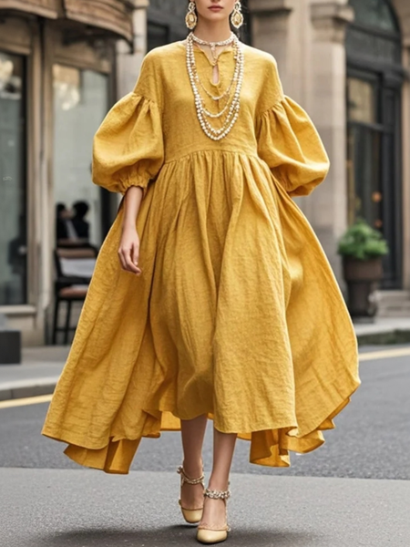 Elegant Plain Balloon Sleeve Notched Midi Dress, Yellow, Maxi Dresses
