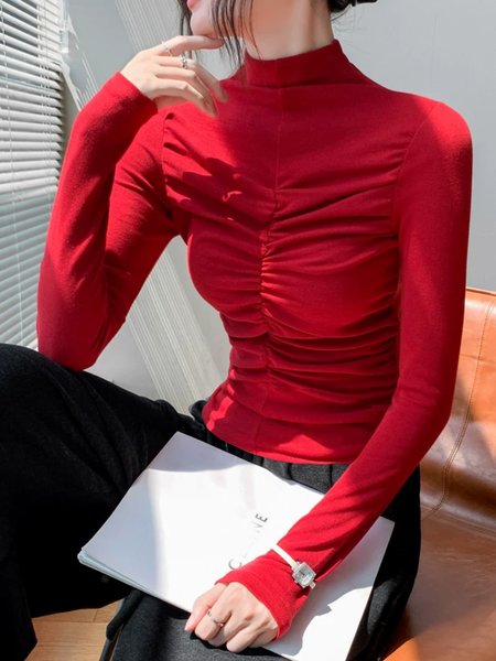 Elegant Plain Gathered Stand Collar T-shirt, Red, Tees