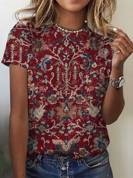 

Women's Short Sleeve Tee T-shirt Summer Ethnic Crew Neck Casual Top, Wine red, T-Shirts