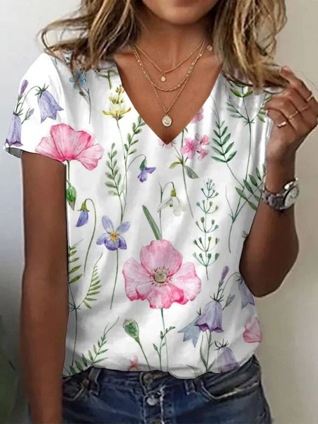 

Women's Short Sleeve Tee T-shirt Summer Floral Jersey V Neck Daily Going Out Casual Top, White, T-Shirts