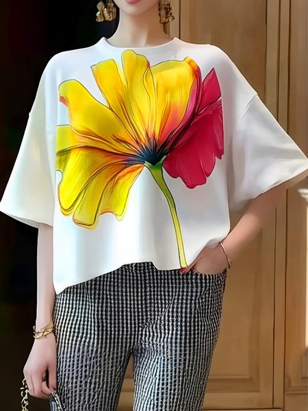 

Casual Floral Printing Crew Neck T-shirt, As picture, Tees