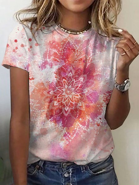 

Women's Short Sleeve Tee T-shirt Summer Ethnic Jersey Crew Neck Daily Going Out Casual Top, Pink, T-Shirts