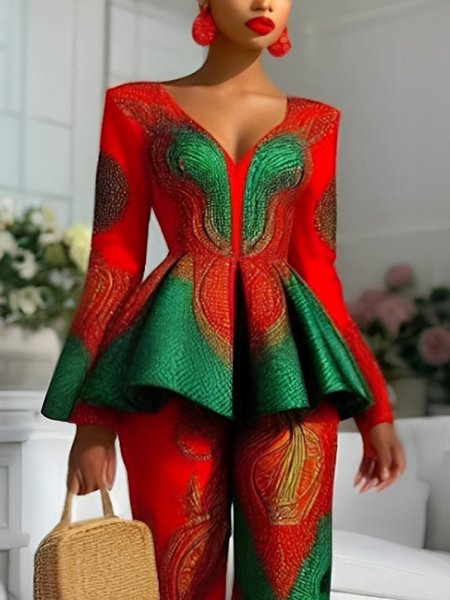Elegant Random Print Printing V Neck Blouse, Red, Blouses and Shirts