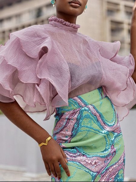 

Urban Plain Stand Collar Ruffle Sleeve Blouse, As picture, Blouses and Shirts