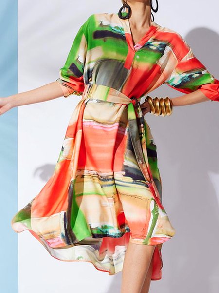 Urban Random Print V Neck Midi Dress With Belt, As picture, Midi Dresses