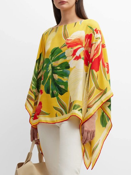 

Vacation Floral Crew Neck Raglan Sleeve Blouse, Yellow, Blouses and Shirts