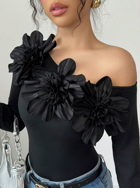 Elegant Plain 3D Floral One Shoulder T-shirt, Black, Tees