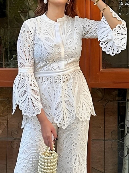 Lace Elegant Plain Blouse, White, Blouses and Shirts