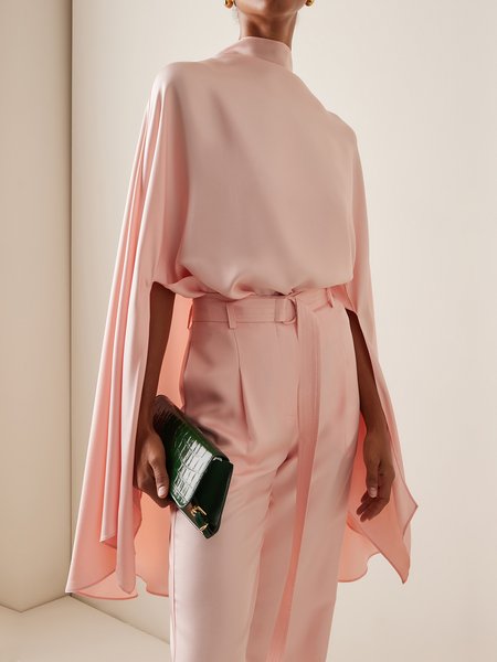 Satin Elegant Plain Stand Collar Raglan Sleeve Blouse, Pink, Blouses and Shirts