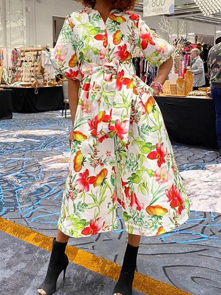 

Urban Floral Balloon Sleeve Printing Notched Midi Dress With Belt, As picture, Midi Dresses