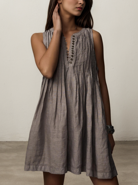 Linen Plain Crew Neck Mini Dress, Coffee, Midi Dresses