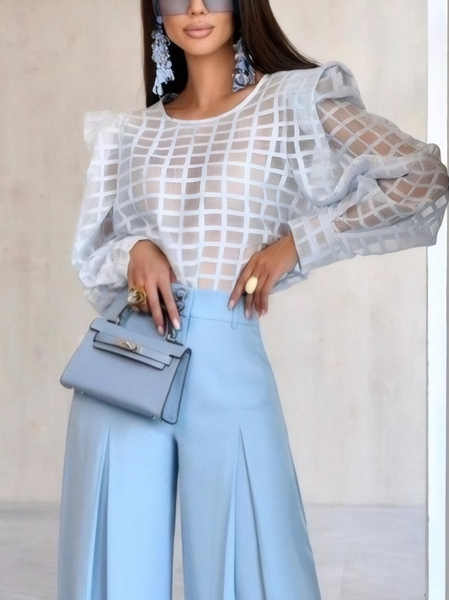 

Urban Plaid Crew Neck Blouse, As picture, Blouses and Shirts
