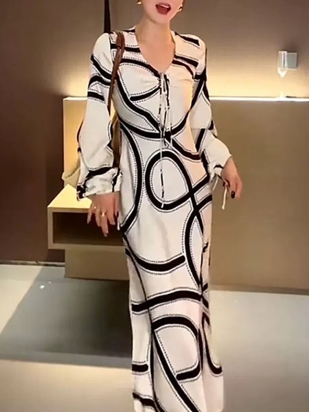 

Elegant Random Print Balloon Sleeve Printing V Neck Maxi Dress, Black-white, Maxi Dresses