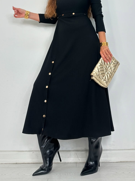 Urban Buttoned Plain Maxi Skirt, Black, Skirts