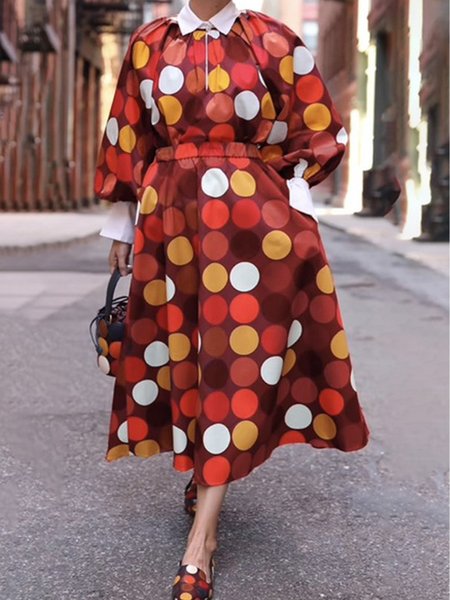 Urban Polka Dots Balloon Sleeve Printing Shawl Collar Maxi Dress, As picture, Maxi Dresses