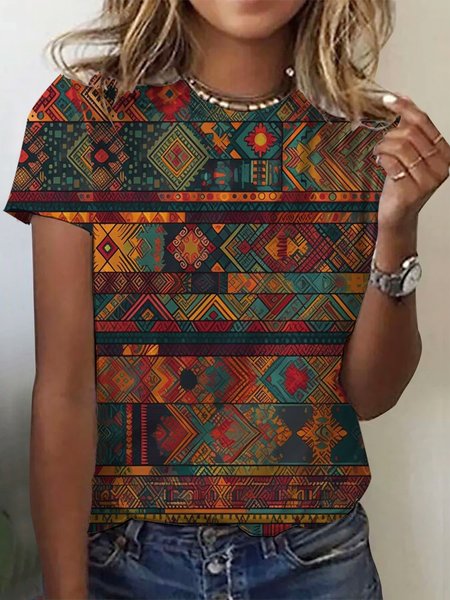 

Ethnic Print Short Sleeve Crew Neck T-shirt, As picture, T-shirts