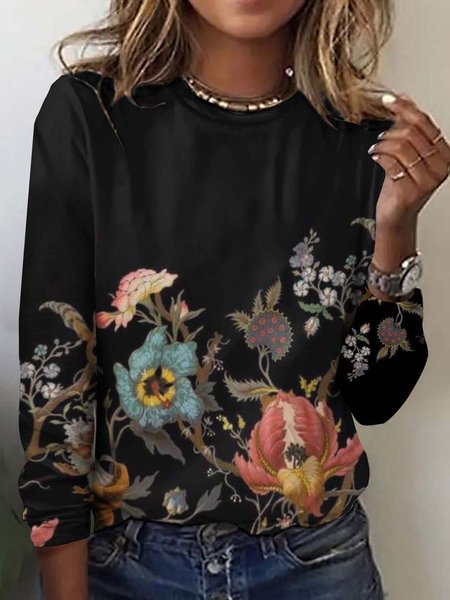 

Vintage Plaid Crew Neck Long Sleeve T-shirt, Black, T-shirts