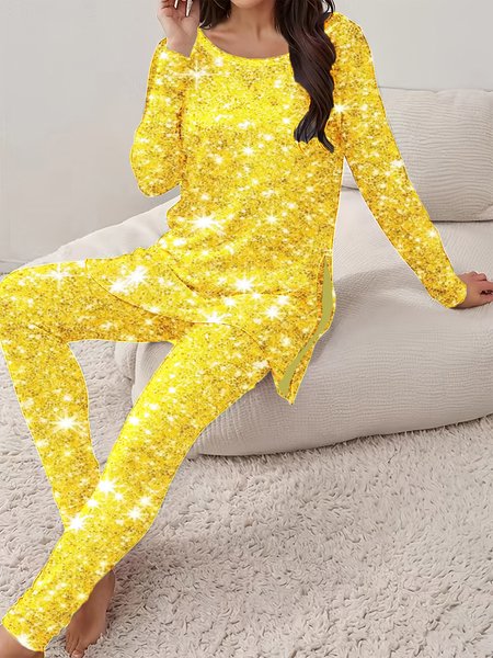 

Women's Jersey Geometric Daily Going Out Two Piece Set Long Sleeve Casual Spring/Fall Top With Pants Matching Set, Yellow, Suit Set