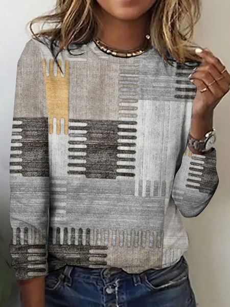 

Vintage Plaid Crew Neck Long Sleeve T-shirt, Light gray, T-shirts