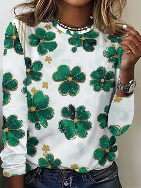 

Casual St. Patrick's Day Shamrock Crew Neck Long Sleeve T-shirt, White, T-shirts