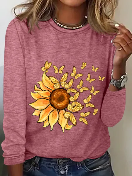 

Crew Neck Long Sleeve Floral Regular Medium Elasticity Loose T-shirts For Women, Watermelon, T-shirts